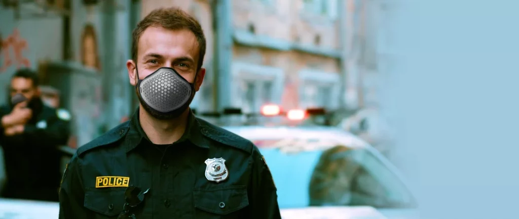 Police officer wearing mask